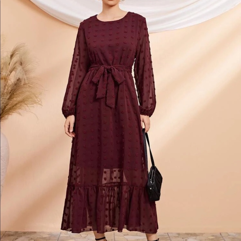 Red Maxi Gown with Bishop Sleeves and Crew Neck for Wedding Guest
